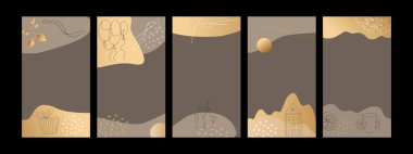 Güzeller güzeli şablonlar, hikayeler ve posterler konforlu evler, içkiler ve partiler modern minimalist tarzda. Moda illüstrasyonları vektör altın rengi. Bir çizgi ve renk sanatı