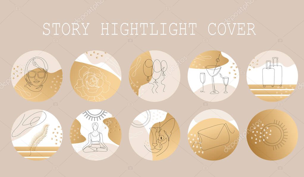 Set of Beautifil trendy Highlight  stories cover for for women, girls, modern minimalist art, trend . Fashion illustrations vector gold colour,  One line and color shape art