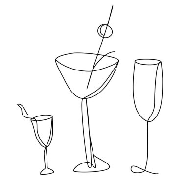 Continuous Line Drawing  champagne, martini glasses and shot glasses. Trendy one line draw design vector illustration