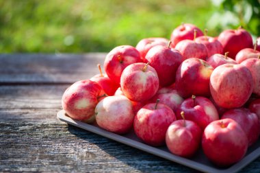 Masadaki sulu kırmızı elmalar güzel bir doğal bahçe arka planında. Elma hasat teması, metin için boşluk