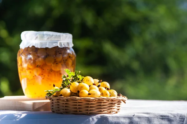 Gooseberry Jars Berry Jam Wooden Table Green Background Garden Harvest — Stock Photo, Image