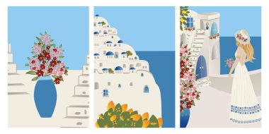 Vector Set Yaz Tatili teması ve ilham kaynağı. Güzel bir kız turist ve soyut bir yer, Santorini, İspanya, Yunanistan ve İtalya 'da bir köy. Seyahat Vektörü illüstrasyonları ve tasarımı
