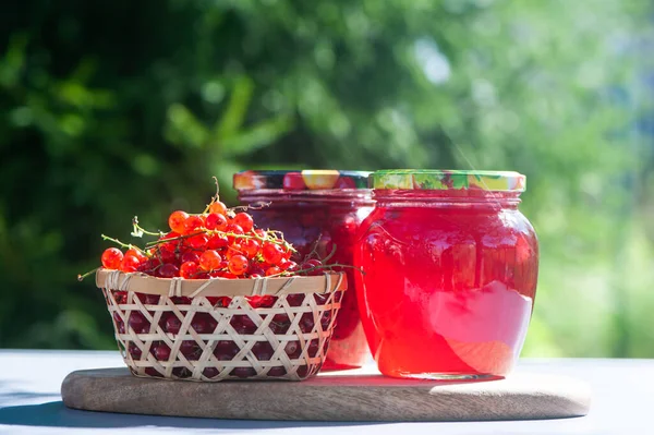 Bayas Rojas Jugosas Grosellas Rojas Frascos Mermelada Bayas Sobre Una — Foto de Stock