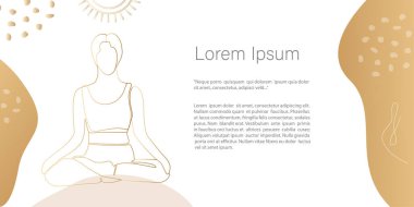 Vektör yogi kızı bir satır, soyut minimalist, soyut çizim şekli altın renkli. Davetiye, kart, pankart ve poster için kopya alanı olan şablon, İniş Sayfa Şablonu 