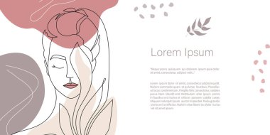 Vektör kadın portresi, soyut minimalist, yapraklar ve çiçek renkleri. Devamlı çizgi sanatı. Davetiye, kart, pankart ve poster için metin alanı kopyalama şablonu, İniş