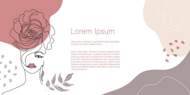 Vektör kadın portresi, soyut minimalist, yapraklar ve çiçek renkleri. Devamlı çizgi sanatı. Davetiye, kart, pankart ve poster için metin alanı kopyalama şablonu, İniş