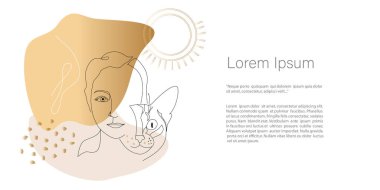 Kedi portresi olan vektör kadın. Soyut minimalist Vektör. Altın rengi soyut şekilli çizimler. Davetiye, kart, pankart ve poster için kopya alanı olan şablon, İniş Sayfası 