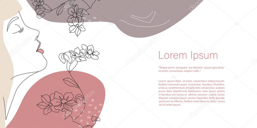 Vector woman Portrait one line, Abstract minimalistic, leaves and flower in  pastel colors. Continuous line art.  Template with copy space for text  for invitation, cards, banner and poster, Landing