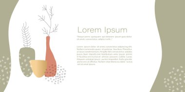 Soyut minimalist Vektör, dalları olan vazolar. Şekilli çizim çizimi. Davetiye, kart, pankart ve poster için kopyalama alanı olan şablon, İniş sayfası