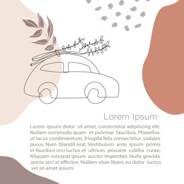 Bagajında çiçekler olan araba. Soyut minimalist Vektör. soyut şekilli çizim çizimi. Davetiye, kart, pankart ve poster için kopya alanı olan şablon, İniş Sayfası 