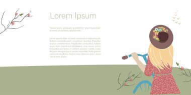 Cute abstract  illustrations people and spring and summer. Romantic girl on a bike. Vector Template with copy space for invitation, cards or banner and  poster, Landing Page 