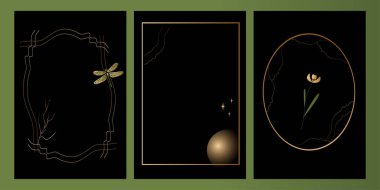 Vektör seti Mystic ve elf teması, dekorasyon için güzel altın çerçeveler içerir. Dekorasyon için eğimli siyah, yeşil ve altın renkler
