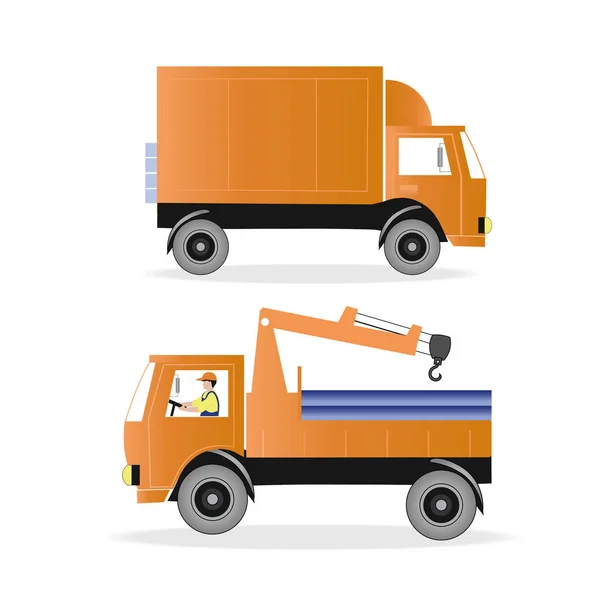 Två Lastbilar Lastbil För Godstransport Och Maskin Med Vinsch Manipulator — Stock vektor