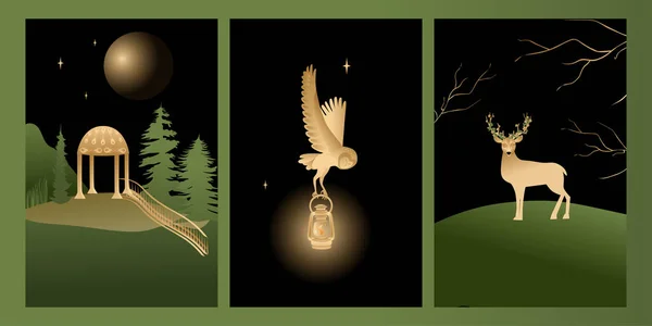Vector Set Mystic Elf Theme Includes Illustrations House Elves Deer — Wektor stockowy