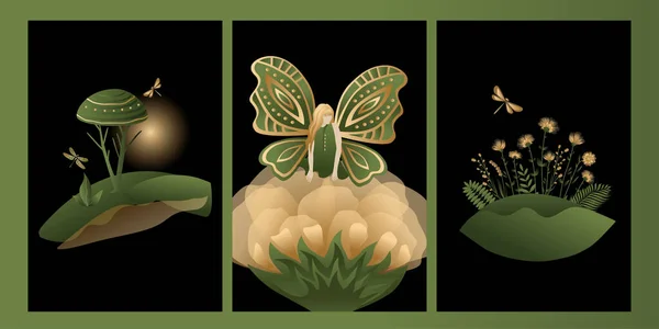 Ensemble Vectoriel Mystique Elfe Thème Comprend Des Illustrations Papillon Fée — Image vectorielle