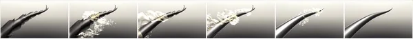 Hair treatment technology. The splash of oils, conditioner, rinse, or another hair care product envelops the damaged hair with split ends and repairs it. 3d step-by-step illustration before and after.