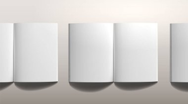 A4 şablon vektör çizimi. Gerçekçi ışık ve gölgesi olan beyaz sayfa not defteri. Eskiz defteri modeli kahverengi arka planda. Boş, temiz kağıt. Dergi modeli.