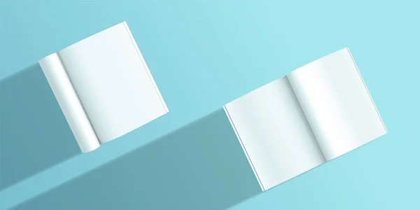 A4スプレッドテンプレートベクトルイラスト 現実的な光と影を持つホワイトページノートパッド Sketchpadのモックアップは青の背景に設定します 空のクリアペーパー 雑誌モデル — ストックベクタ