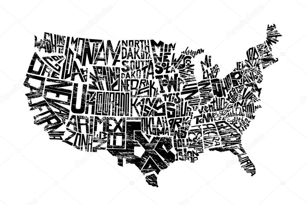 United States Of America map design isolated on white. Vector illustration. State lettering names flat graphic poster. Abstract typography USA territory art print with text, type and letters.