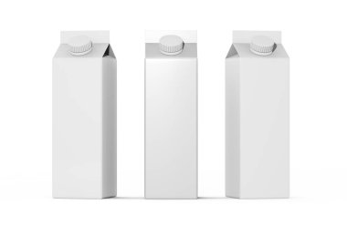 Ürün ambalajlama 3D canlandırma. Yiyecek depolama teknolojisi. İçecek kutusu seti. Paket modeli çizimi. Materyal tasarım şablonu. Yuvarlak vida kapaklı beyaz bir süt paketi..