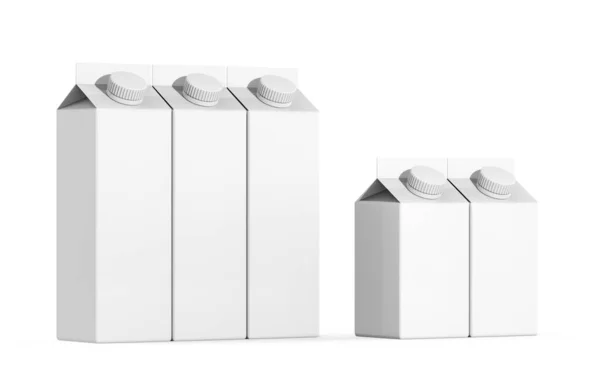 製品パッケージ3Dレンダリング 丸いネジキャップ付き牛乳の白いカートンパッケージ 食料貯蔵技術 飲料用紙ボックスセット モックアップイラストをパック 材料設計テンプレート — ストック写真