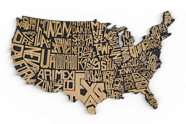 アメリカ合衆国の地理地図のレタリングの白い背景に孤立した 木製のテクスチャとアメリカの領土の3Dレンダリング 教育のための国のポスター 木造文字で国名デザイン — ストック写真