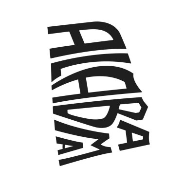 Alabama harfli vektör çizimi. Siyah-beyaz eyalet logosu. Logotype ülke baskısı. İçinde harfler olan dekorasyon posteri. Soyut ulusal pankart. Usa haritası tasarım haritası.