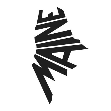 Maine harfleri vektör illüstrasyonu. Siyah-beyaz eyalet logosu. Logotype ülke baskısı. İçinde harfler olan dekorasyon posteri. Soyut ulusal pankart. Usa haritası tasarım haritası.