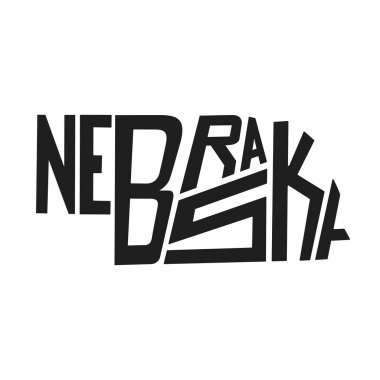 Nebraska harfli vektör çizimi. Siyah-beyaz eyalet logosu. Logotype ülke baskısı. İçinde harfler olan dekorasyon posteri. Soyut ulusal pankart. Usa haritası tasarım haritası.
