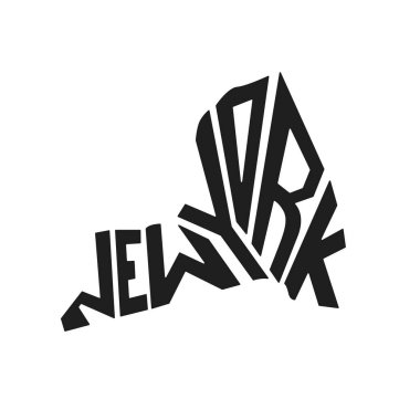 New York harfleri vektör illüstrasyonu. Siyah-beyaz eyalet logosu. Logotype ülke baskısı. İçinde harfler olan dekorasyon posteri. Soyut ulusal pankart. Usa haritası tasarım haritası.