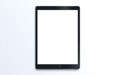 Gerçekçi tablet izole edildi. Siyah çizim tahtası. Boş ekran izole edildi. Yüksek detaylı cihaz modeli. Vektör çizimi. UI, sunum için UX şablonu. Teknoloji objesi. Gölgeli Gadget çerçevesi. 