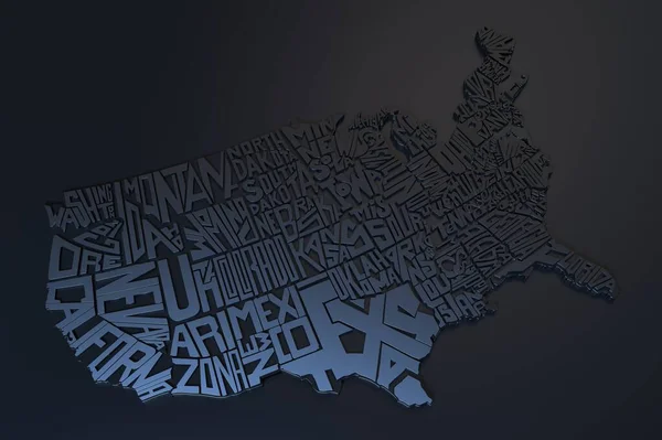 United States Of America geography map lettering. 3d render of USA territory. Typographic art poster. State name design with black letters. Creative national banner. Realistic country illustration