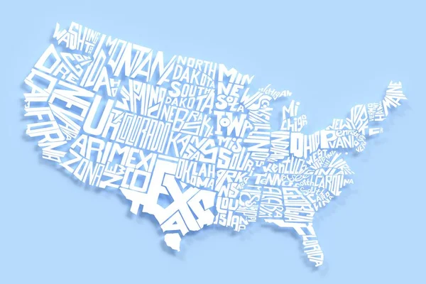 アメリカ合衆国の地理学地図白文字 アメリカの領土レタリングの3Dレンダリング タイプグラフィックアートのポスター 州名デザイン 創造的な国家の旗 現実的な国のイラスト — ストック写真