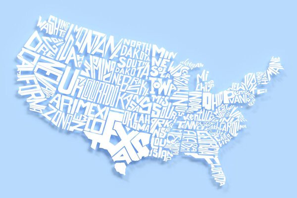 United States Of America geography map white letters. 3d render of USA territory lettering. Typographic art poster. State name design. Creative national banner. Realistic country illustration