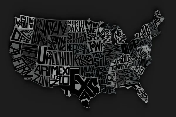 United States Of America geography map metallic letters. 3d render of USA territory lettering. Typographic art poster. State name design. Creative national banner. Realistic country illustration