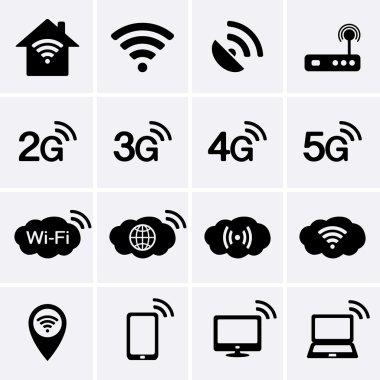 Kablosuz ve Wifi simgeler. 2g, 3g, 4g ve 5g teknoloji sembolleri.