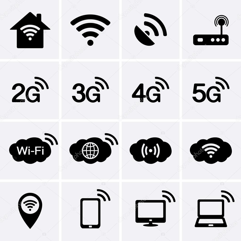 Wireless and Wifi icons. 2G, 3G, 4G and 5G technology symbols.