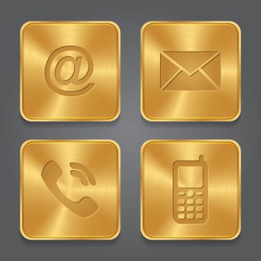 Altın Metal temas düğmeleri - set simgeleri - e-posta, zarf, telefon,