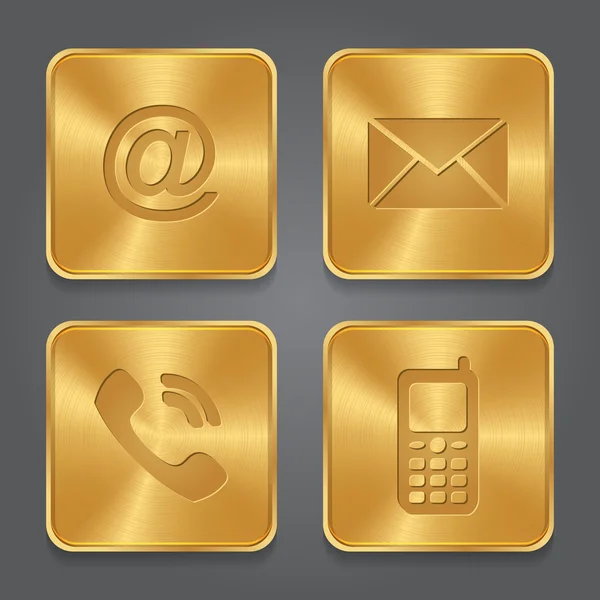 Gold Metall-Kontakttasten - Set-Symbole - E-Mail, Umschlag, Telefon, — Stockvektor