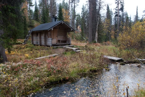 传统的芬兰桑拿在针叶林的外部 — 图库照片