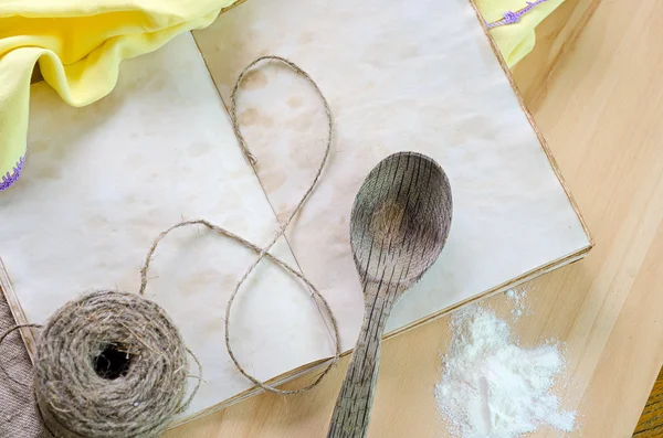 Empty cookbook on wood table — Stock Photo, Image