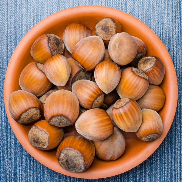 Heap of hazelnuts in bowl — Stock Photo, Image