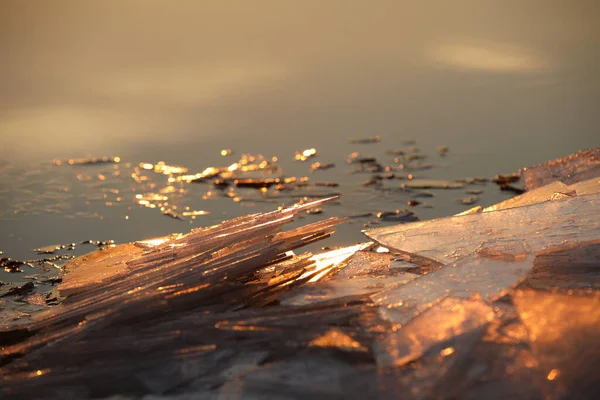 Eisbrocken Auf Dem Fluss Licht Der Untergehenden Sonne Ruhige Ruhige — Stockfoto
