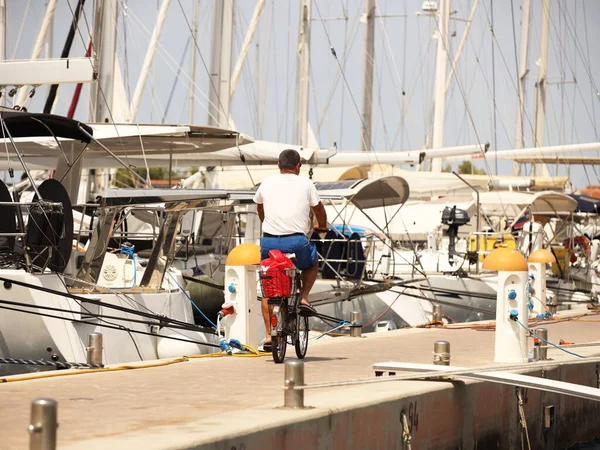 Співробітники Пристані Катаються Велосипеді Вздовж Причалу Серед Вітрильних Яхт Використання — стокове фото