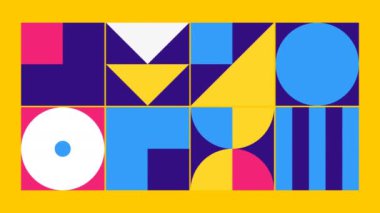 Geometrik desen döngüsü. Çemberler, kareler animasyon. Modernist soyut arka plan. Bauhaus Tasarım tarzı. Mavi, beyaz, pembe, mor, sarı.