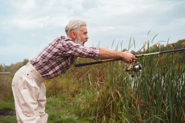 Hombre Mayor Barbudo Buscando Divertido Tirando Peces Grandes Fuera Del —  Fotos de Stock