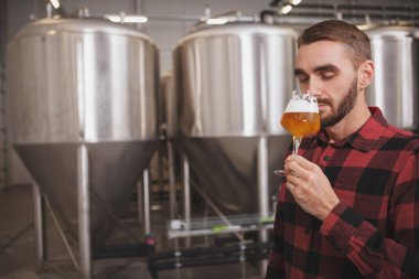 Çekici erkek bira imalatçısı. Aromatik kokulu. Bira fabrikasında yeni demlenmiş.