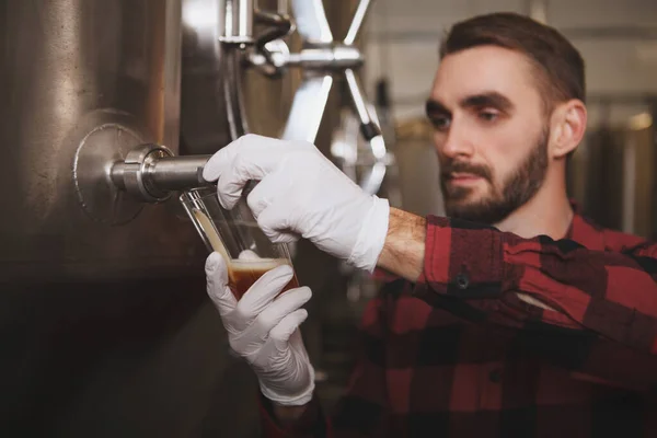 Professionele Brouwer Giet Bier Glas Uit Biertank Zijn Brouwerij — Stockfoto