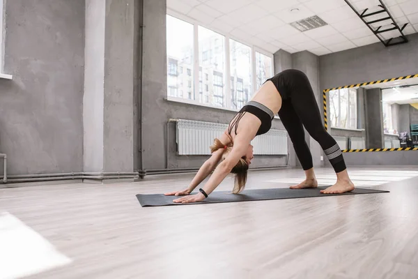 Mujer Atlética Practicando Yoga Estudio Deportivo Pie Asana Perro Orientado — Foto de Stock