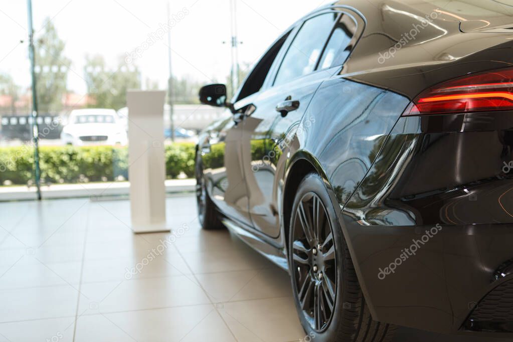 Cropped close up of new black luxury car at dealership salon, copy space